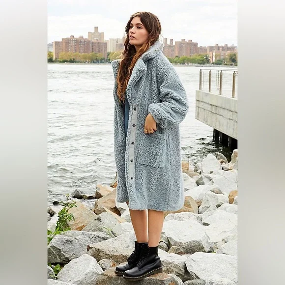 Free People Tessa Cozy Gray Teddy Coat Jacket Dusty Blue L XL - Picture 4 of 16
